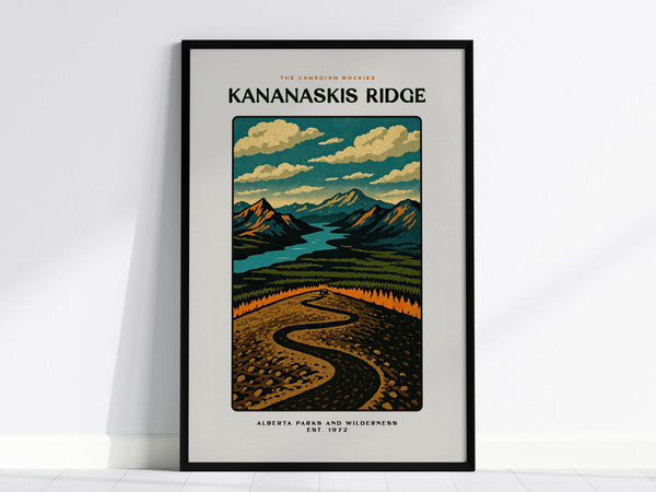 A framed poster titled Kananaskis Ridge depicts stylized mountain peaks under a cloudy sky, a winding trail, and a turquoise river valley. The artwork reflects the vintage style of block prints and WPA travel art.