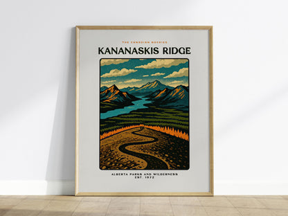 Framed poster of Kananaskis Ridge with mountain landscape design on a white wall.