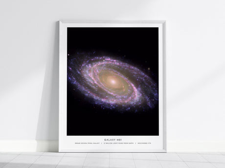 M81 Galaxy poster showing grand design spiral arms bright core and dust lanes