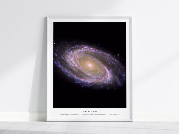M81 Galaxy poster showing grand design spiral arms bright core and dust lanes