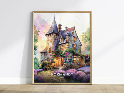 Framed artwork of a picturesque house with 'Normandy, France' text on a white wall.