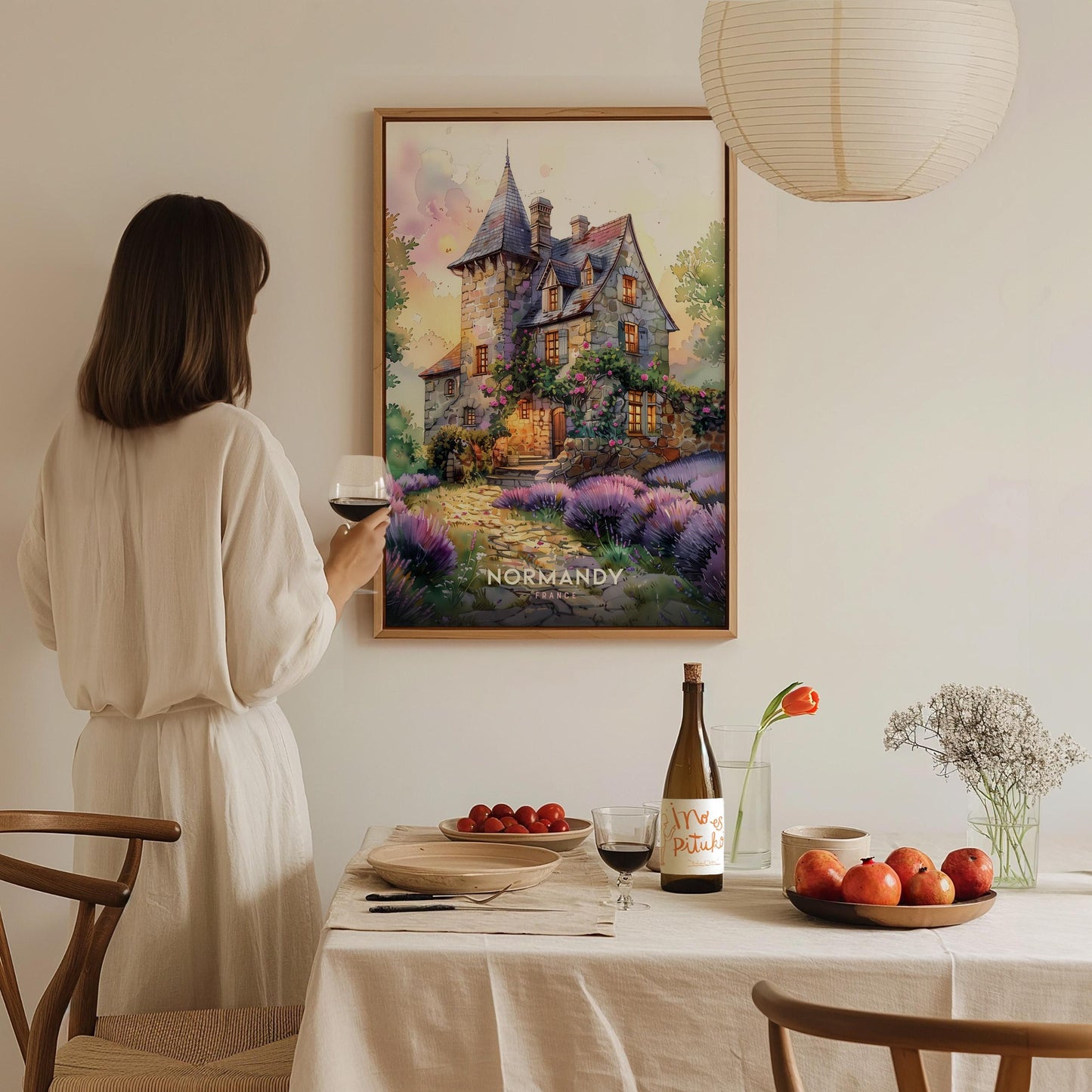 French countryside gallery wall set featuring the Normandy thatched cottage poster as the focal piece