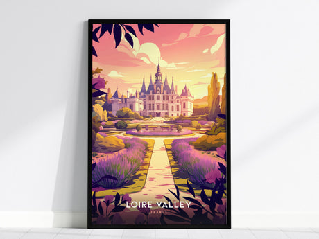 This poster features an illustrated view of a grand château in the Loire Valley, surrounded by lavender fields under a warm sunset sky. The wall art captures the essence of French countryside elegance.