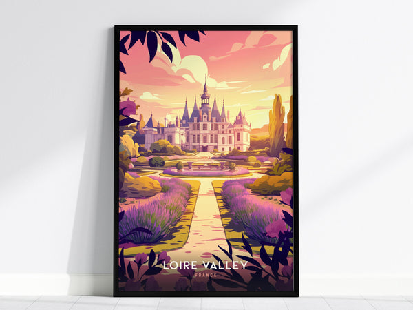 This poster features an illustrated view of a grand château in the Loire Valley, surrounded by lavender fields under a warm sunset sky. The wall art captures the essence of French countryside elegance.