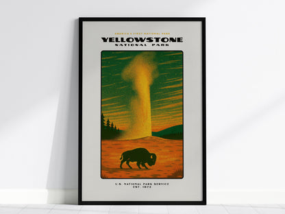 Framed poster of Yellowstone National Park with a silhouette of a bison and a geyser.