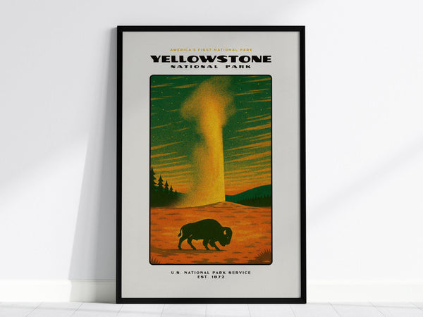 This framed poster features a vintage-style illustration of Yellowstone National Park, depicting a bison and geyser against a vibrant sunset. Ideal wall art for nature enthusiasts and collectors.