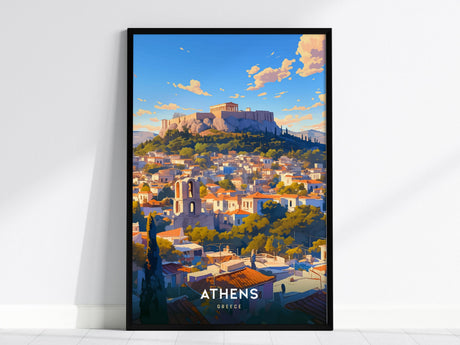 A vibrant poster of Athens, Greece, showcasing the Acropolis and Parthenon atop a hill, surrounded by a sunlit cityscape under a blue sky with scattered clouds. The word ATHENS is prominently displayed at the bottom.
