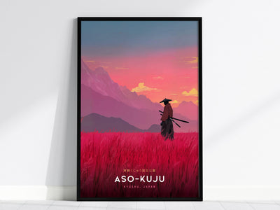 Aso-Kuju National Park Poster | Japan Samurai Travel Print Wall Art | Framed or Unframed