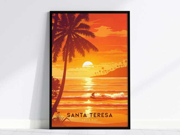 A vibrant poster of Santa Teresa, Costa Rica, showing a lone surfer riding waves under a glowing sunset. Palm trees frame the scene, set against an orange and yellow sky, capturing a tropical beach vibe.