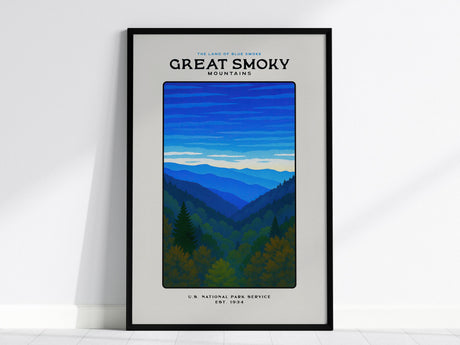This poster features a stylized illustration of the Great Smoky Mountains, showcasing layered blue ridgelines and lush greenery. It serves as vintage-inspired wall art celebrating the serene beauty of the national park.