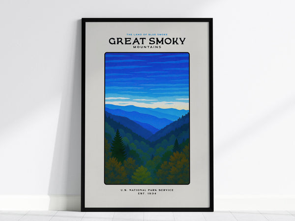 This poster features a stylized illustration of the Great Smoky Mountains, showcasing layered blue ridgelines and lush greenery. It serves as vintage-inspired wall art celebrating the serene beauty of the national park.