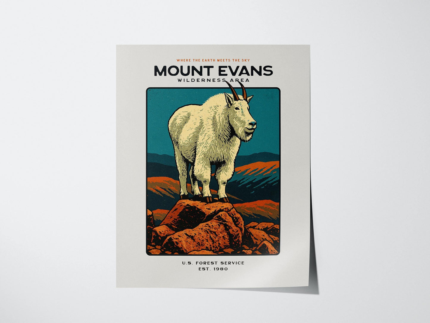 Poster of a mountain goat on Mount Evans with text about the U.S. Forest Service.