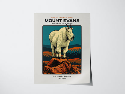 Poster of a mountain goat on Mount Evans with text about the U.S. Forest Service.