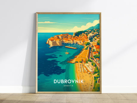 This image shows a framed poster of Dubrovnik, Croatia, depicting the vibrant coastal Old Town with orange rooftops, turquoise waters, and sandy beaches. The artwork captures the Mediterranean charm, set against a serene blue sea.