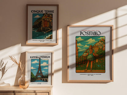 Positano Italy Amalfi Coast Vintage Block Print Travel Wall Art
