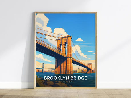 A framed illustration of the Brooklyn Bridge against a bright blue sky with fluffy clouds, capturing its architectural detail and spanning over the East River. The text Brooklyn Bridge, New York City is displayed at the bottom.