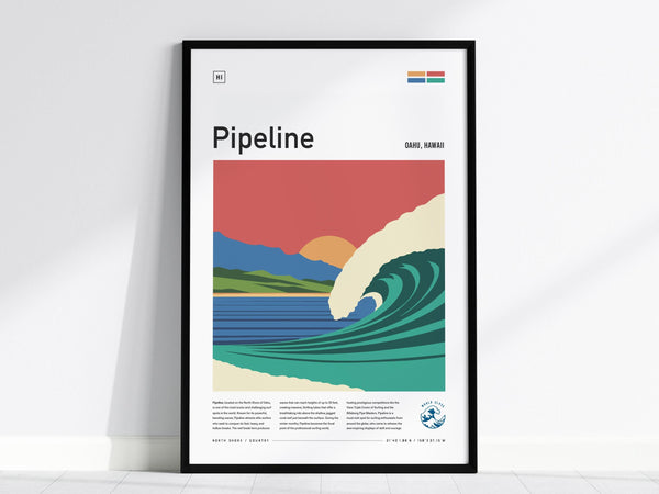 A framed poster titled Pipeline showcases an artistic depiction of a large wave with a colorful sunset in the background. The design includes text about Oahu, Hawaii, and surfing, with a clean, modern layout.
