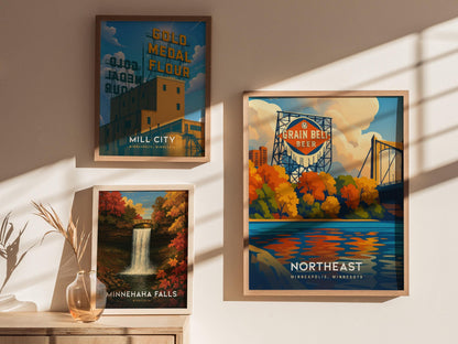 Framed Northeast Minneapolis Grain Belt sign print displayed on living room gallery wall