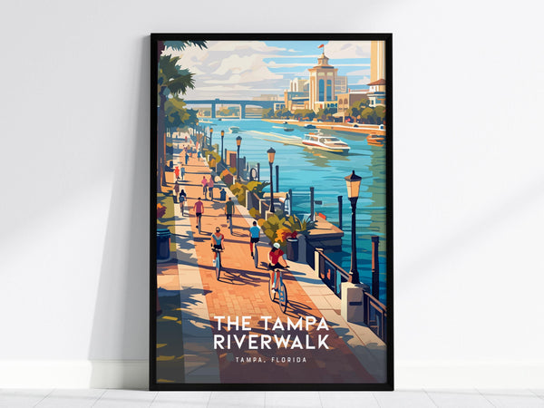 The image shows a stylized illustration of Tampa Riverwalk with people cycling and walking along the waterfront. Boats are visible on the river, and the cityscape features prominent buildings under a partly cloudy sky.