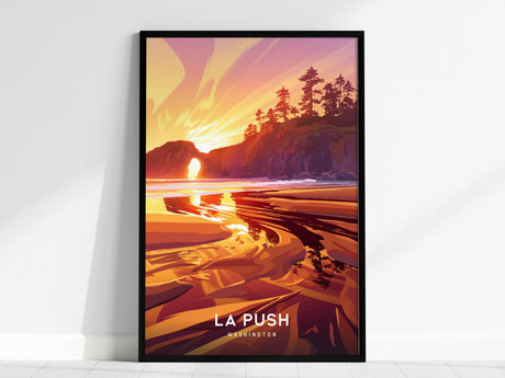 Framed poster featuring an artistic depiction of La Push, Washington. The image showcases a vibrant sunset over sea stacks and a reflective shoreline, with silhouettes of trees against a colorful sky.