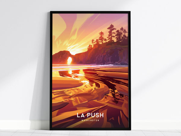Framed poster featuring an artistic depiction of La Push, Washington. The image showcases a vibrant sunset over sea stacks and a reflective shoreline, with silhouettes of trees against a colorful sky.