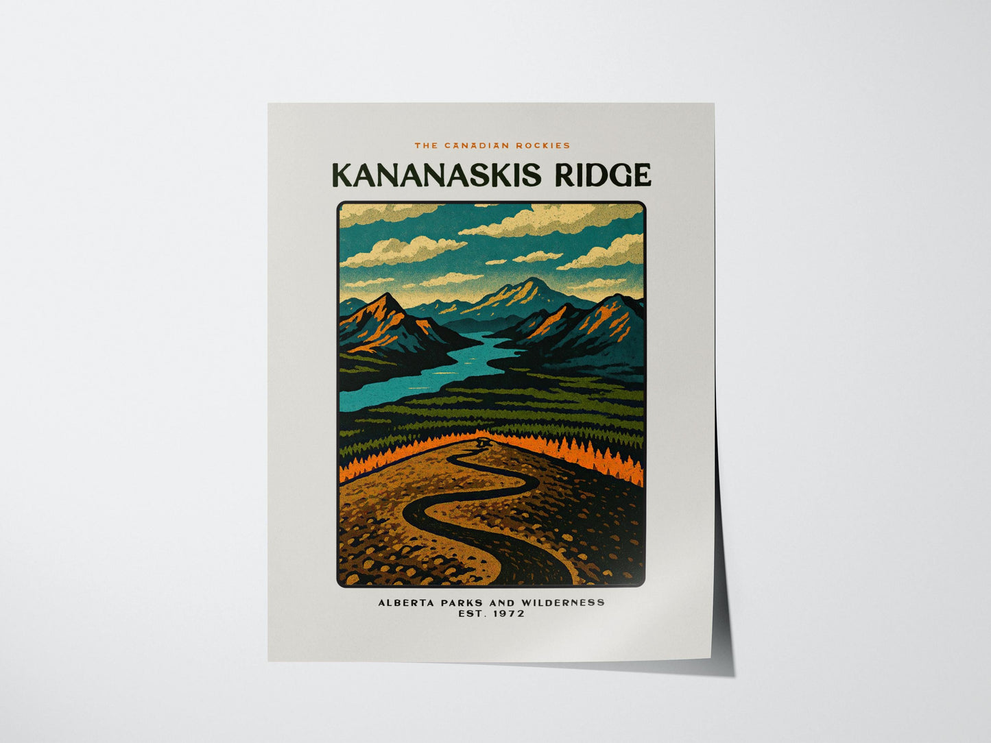 Poster of Kananaskis Ridge with a mountain landscape design on a white background
