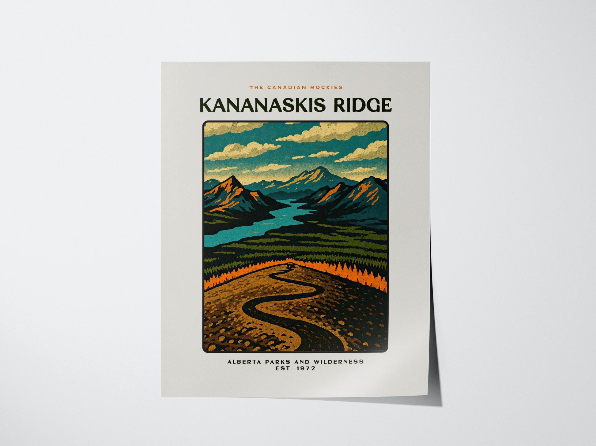 Poster of Kananaskis Ridge with a mountain landscape design on a white background