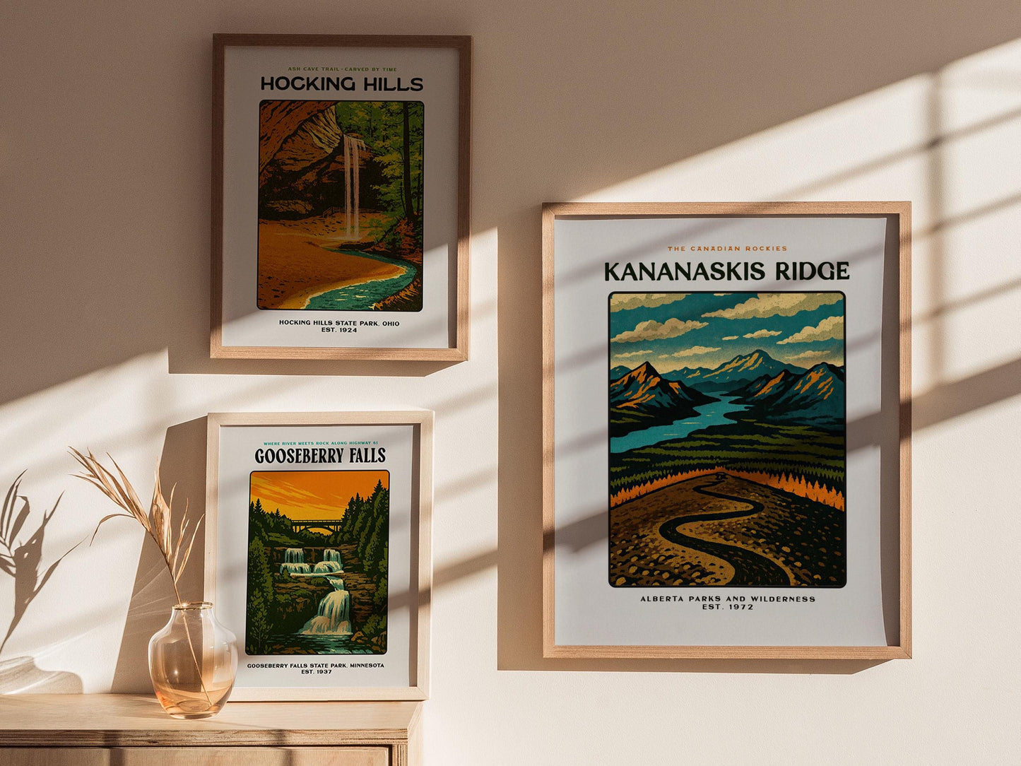 Framed Kananaskis Ridge Canadian Rockies print in WPA travel poster style