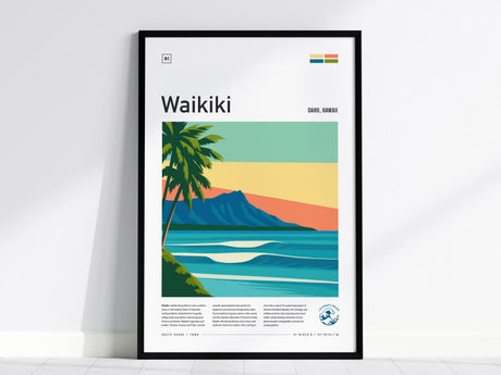 Framed Waikiki poster featuring a stylized illustration of a beach scene with palm trees, ocean waves, and the iconic Diamond Head mountain under a colorful sky. The text reads Waikiki with location details as Oahu, Hawaii.