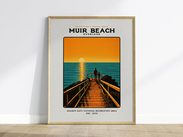 A framed poster of Muir Beach Overlook features a vibrant illustration of a sunset over the ocean, with two figures walking on a wooden path. The text highlights the Golden Gate National Recreation Area.