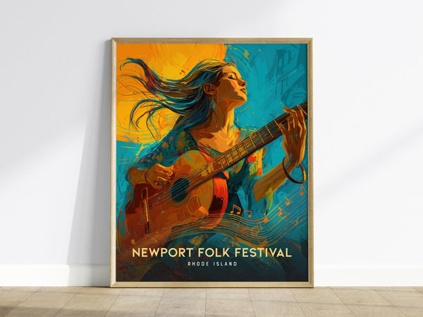 A vibrant poster for the Newport Folk Festival in Rhode Island features an artistic illustration of a woman playing a guitar against a colorful background. Her hair flows in the wind, with musical notes surrounding her.