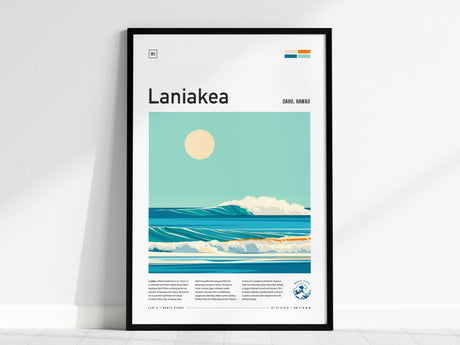 The image shows a framed poster featuring an illustration of ocean waves under a sunlit sky, labeled Laniakea and Oahu, Hawaii. The minimalist design includes blue and teal hues, capturing a serene beach atmosphere.