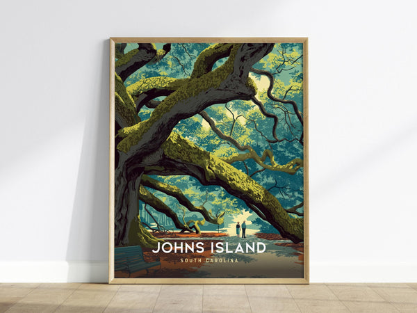 A framed poster depicts the sprawling limbs of a live oak tree with textured bark, set against a vibrant backdrop of green and blue foliage. The text Johns Island, South Carolina appears at the bottom.
