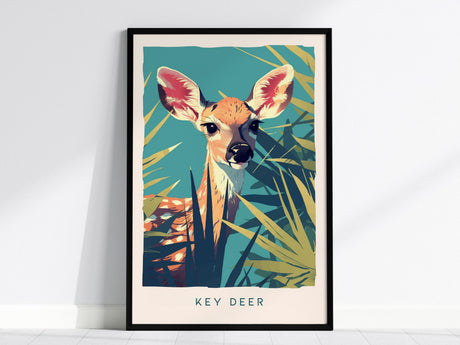 A colorful poster of a Key Deer in a stylized, artistic depiction is displayed in a black frame. The deer is surrounded by abstract tropical foliage against a vibrant blue background, with Key Deer text at the bottom.