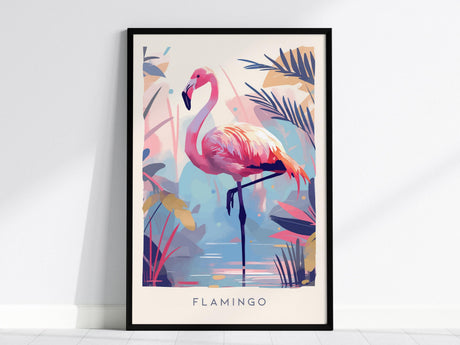 A framed poster features a stylized pink flamingo standing in water, surrounded by abstract tropical foliage in pastel colors. The word FLAMINGO is written at the bottom, enhancing its modern, coastal vibe.