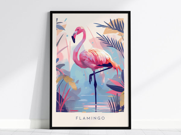 A framed poster features a stylized pink flamingo standing in water, surrounded by abstract tropical foliage in pastel colors. The word FLAMINGO is written at the bottom, enhancing its modern, coastal vibe.
