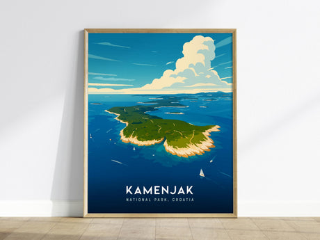 A framed poster of Kamenjak National Park, Croatia, featuring a stylized aerial view of a lush green peninsula surrounded by vibrant blue waters and a dramatic cloud-filled sky. The text reads Kamenjak National Park, Croatia.