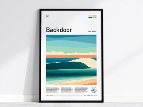 A framed poster features an illustrated wave at Backdoor, Oahu, Hawaii, with layers of teal, blue, and sandy colors. The text at the top reads Backdoor and Oahu, Hawaii, set against a minimalist design.