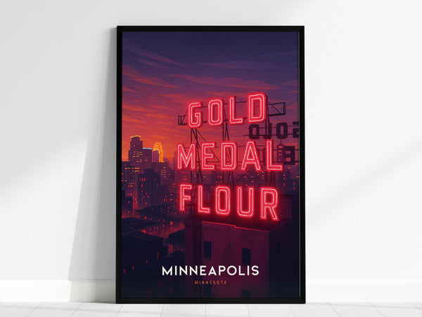 This framed poster features a vibrant illustration of a city skyline at sunset, with the iconic Gold Medal Flour sign illuminated in bright neon. The word Minneapolis is displayed at the bottom of the poster.