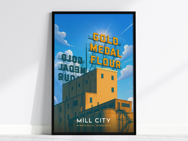 A framed poster featuring the iconic Gold Medal Flour sign in bold yellow letters against a bright blue sky with fluffy clouds. The building below is depicted in warm tones, capturing a historic Minneapolis landmark.