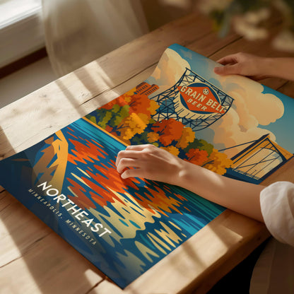 Person holding a colorful poster with 'Grain Belt Beer' branding on a wooden table.