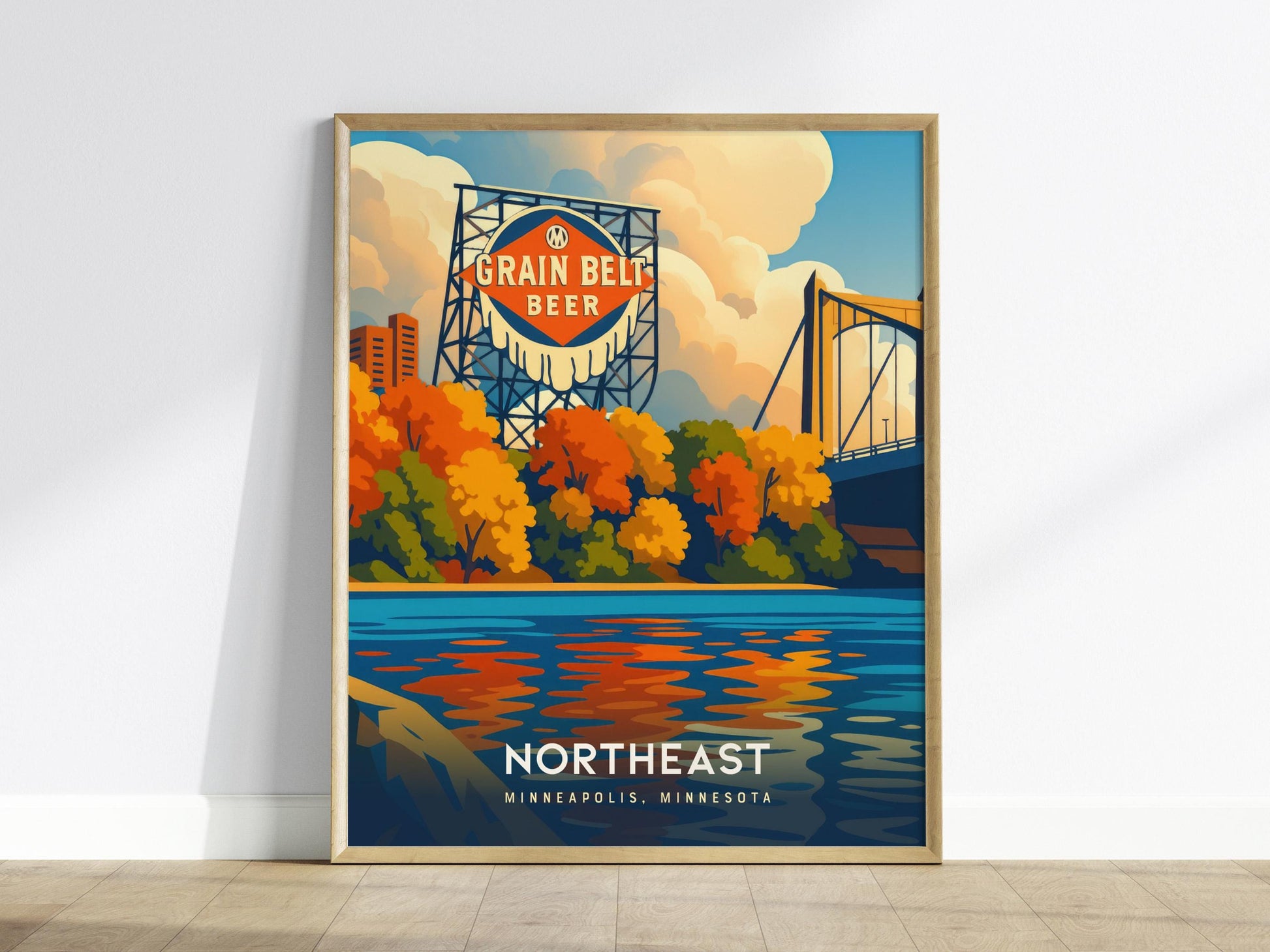 Framed poster of Grain Belt Beer sign with a scenic view of Northeast Minneapolis on a white wall.