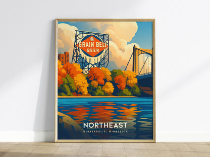 Framed poster of Grain Belt Beer sign with a scenic view of Northeast Minneapolis on a white wall.