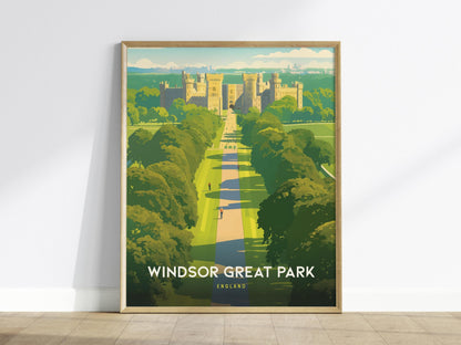 Windsor Castle poster featuring royal palace and Long Walk through Great Park with bold colorful England heritage wall art