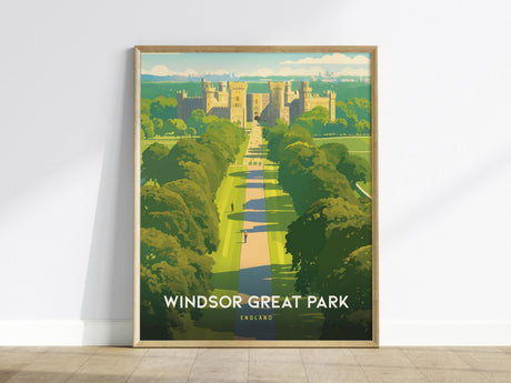 Framed poster featuring an illustration of Windsor Castle viewed from the Long Walk, surrounded by lush green trees under a clear sky. The text Windsor Great Park England is displayed at the bottom.