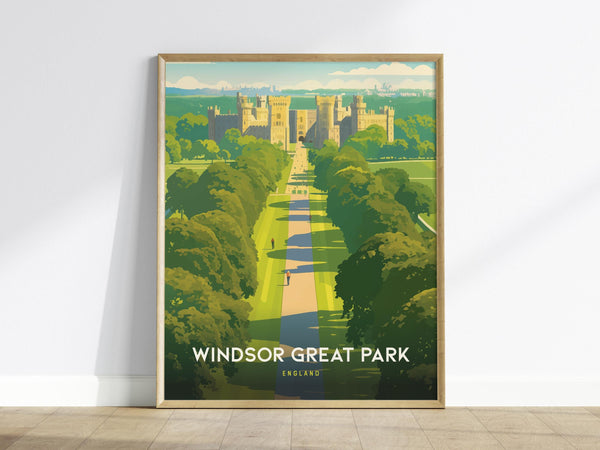 Framed poster featuring an illustration of Windsor Castle viewed from the Long Walk, surrounded by lush green trees under a clear sky. The text Windsor Great Park England is displayed at the bottom.