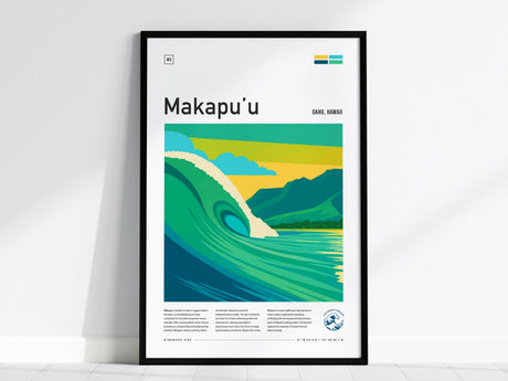 A framed surf poster titled Makapuu features stylized artwork of a large wave, lush green mountains, and a vibrant sky, capturing the essence of Oahu, Hawaii. The design is modern with clean lines and vivid colors.