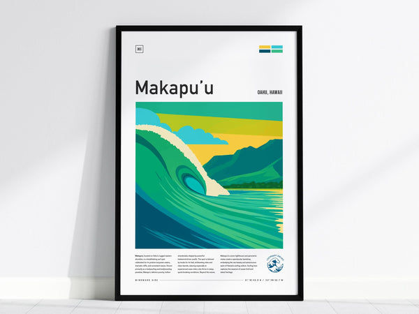 A framed surf poster titled Makapuu features stylized artwork of a large wave, lush green mountains, and a vibrant sky, capturing the essence of Oahu, Hawaii. The design is modern with clean lines and vivid colors.