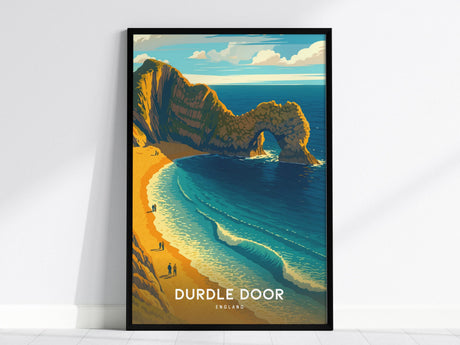 This image features a framed poster of Durdle Door, depicting a scenic view of the limestone arch along the Jurassic Coast. The artwork shows turquoise waves lapping against a golden sandy beach under a partly cloudy sky.