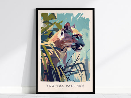 A framed poster features a stylized illustration of a Florida Panther in a colorful, modern design, surrounded by abstract foliage. The artwork is set against a light background with the words Florida Panther at the bottom.